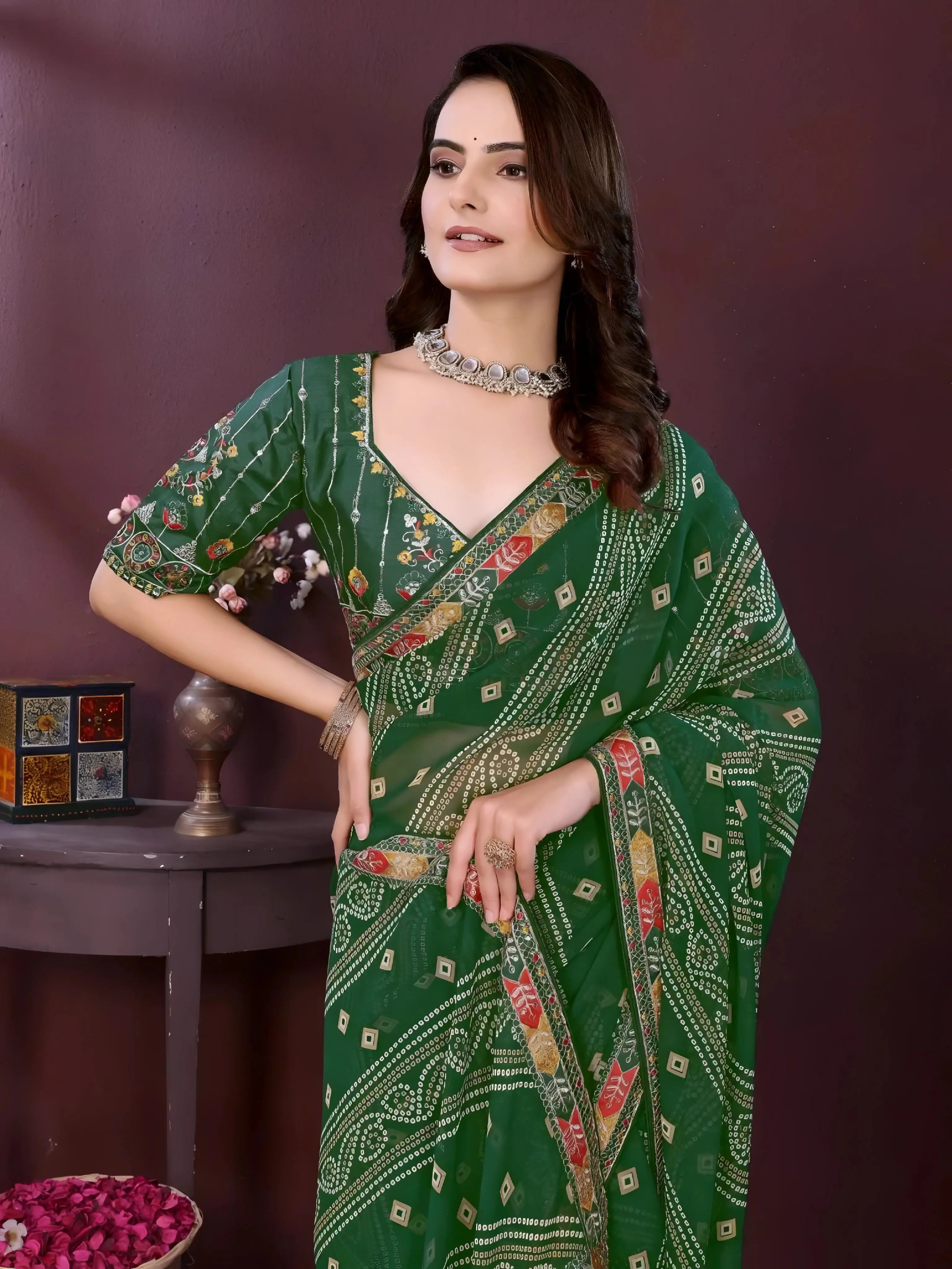 Dark Green Digital Print with Embroidery Work Georgette Saree